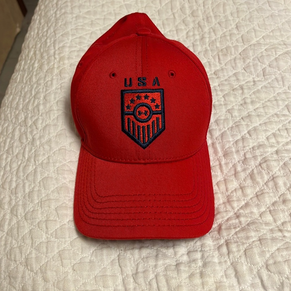 Selling a red under armour USA golf hat.
